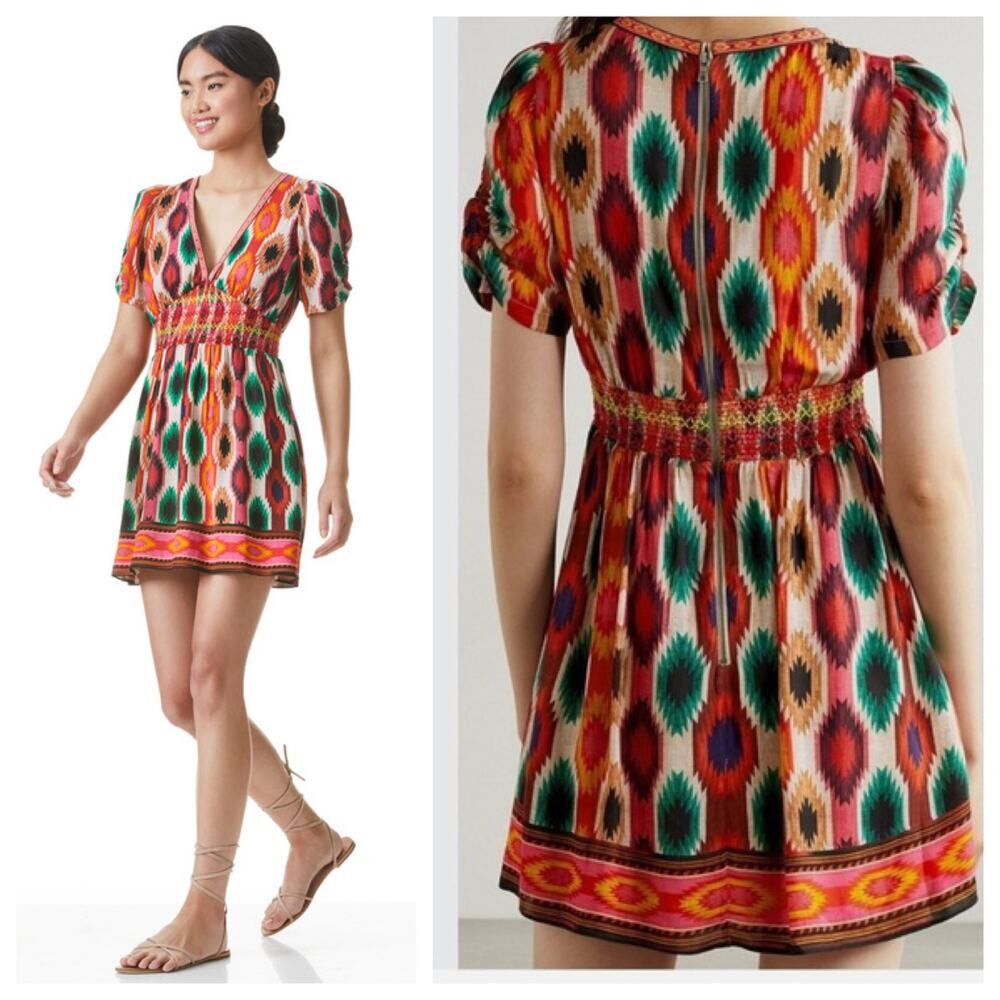 Alice + Olivia Tatiana Dress Warm Breeze Puff Sleeve Bohemian Ikat Geometric 8